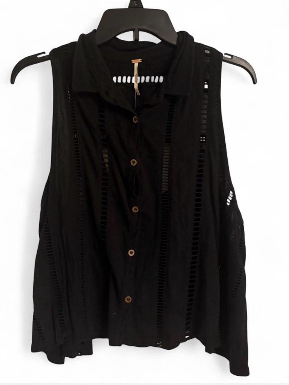 Free People Black Sleeveless Button-Down Top with Ladder Cutouts